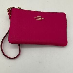 Coach Designer Pink Magenta Leather Wristlet Clutch with Gold Logo Purse Bag